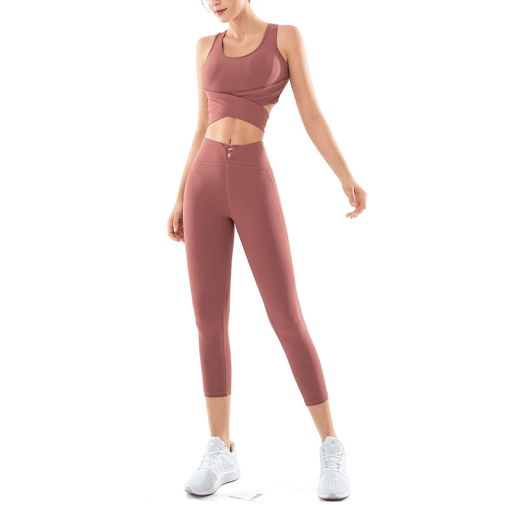 Ensemble soutien-gorge de sport et leggings push-up taille haute en nylon extensible, vĂȘtements de yoga, costume de gymnastique pour femme, costume de fitness pour femme