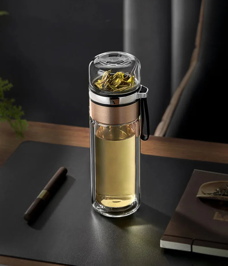 Tasse à thé en verre à double couche, tasse de séparation de thé avec passoire à thé, cadeau créatif en filet rouge