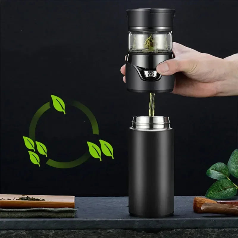 Bouteille thermos de séparation d'eau de thé Passoire à thé en acier inoxydable Gobelet Bouteille sous vide avec filtre à thé Deux couvercles