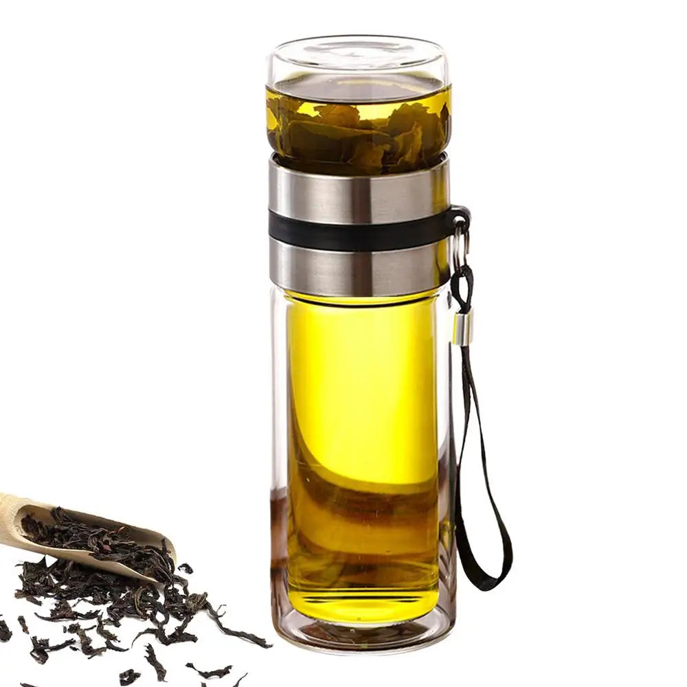 Bouteille à thé en verre avec infuseur à thé anti-fuite, bouteille à thé à double paroi, tasse de voyage, bouteille d'eau avec infuseur, bouteille à thé avec séparation d'eau