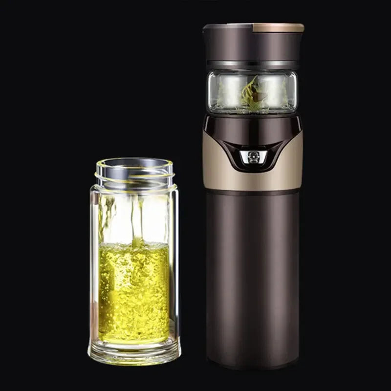Bouteille thermos de séparation d'eau de thé Passoire à thé en acier inoxydable Gobelet Bouteille sous vide avec filtre à thé Deux couvercles