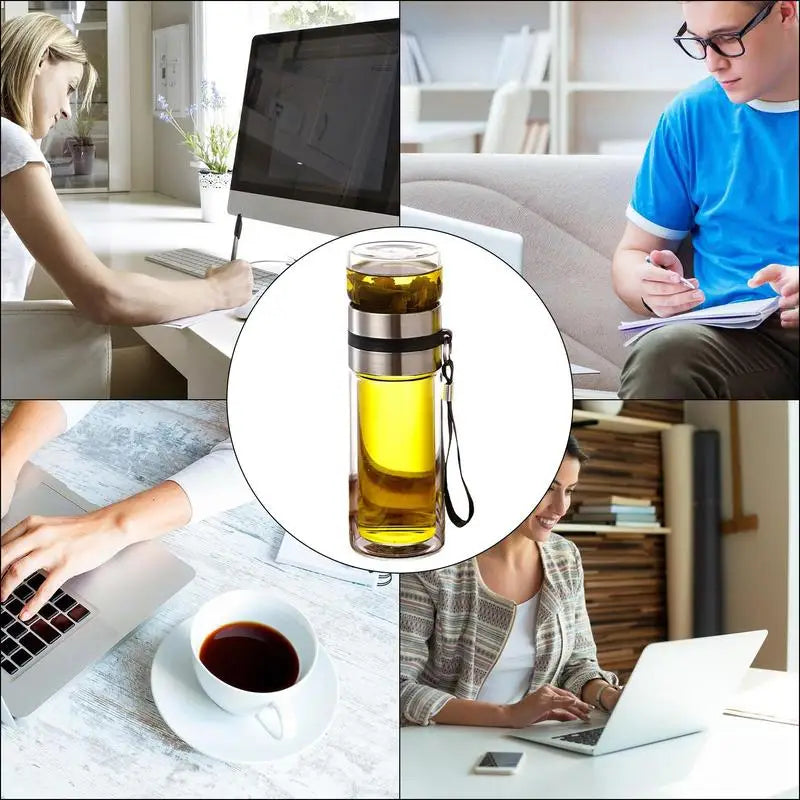 Bouteille à thé en verre avec infuseur à thé anti-fuite, bouteille à thé à double paroi, tasse de voyage, bouteille d'eau avec infuseur, bouteille à thé avec séparation d'eau