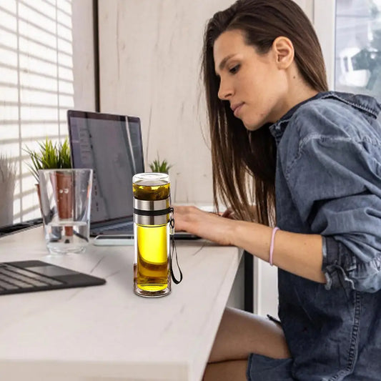 Bouteille à thé en verre avec infuseur à thé anti-fuite, bouteille à thé à double paroi, tasse de voyage, bouteille d'eau avec infuseur, bouteille à thé avec séparation d'eau