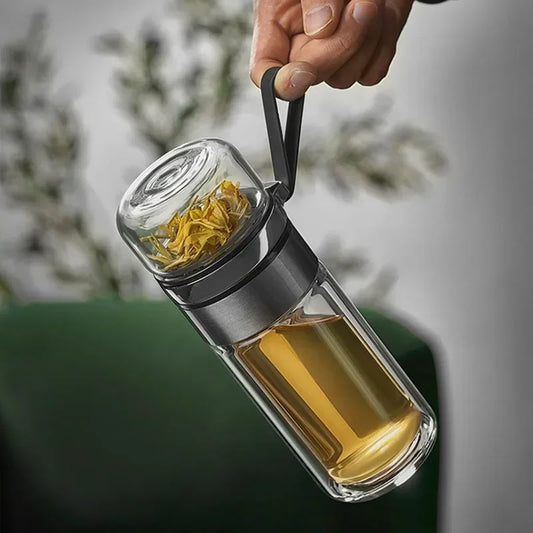 Tasse à thé en verre à double couche, tasse de séparation de thé avec passoire à thé, cadeau créatif en filet rouge